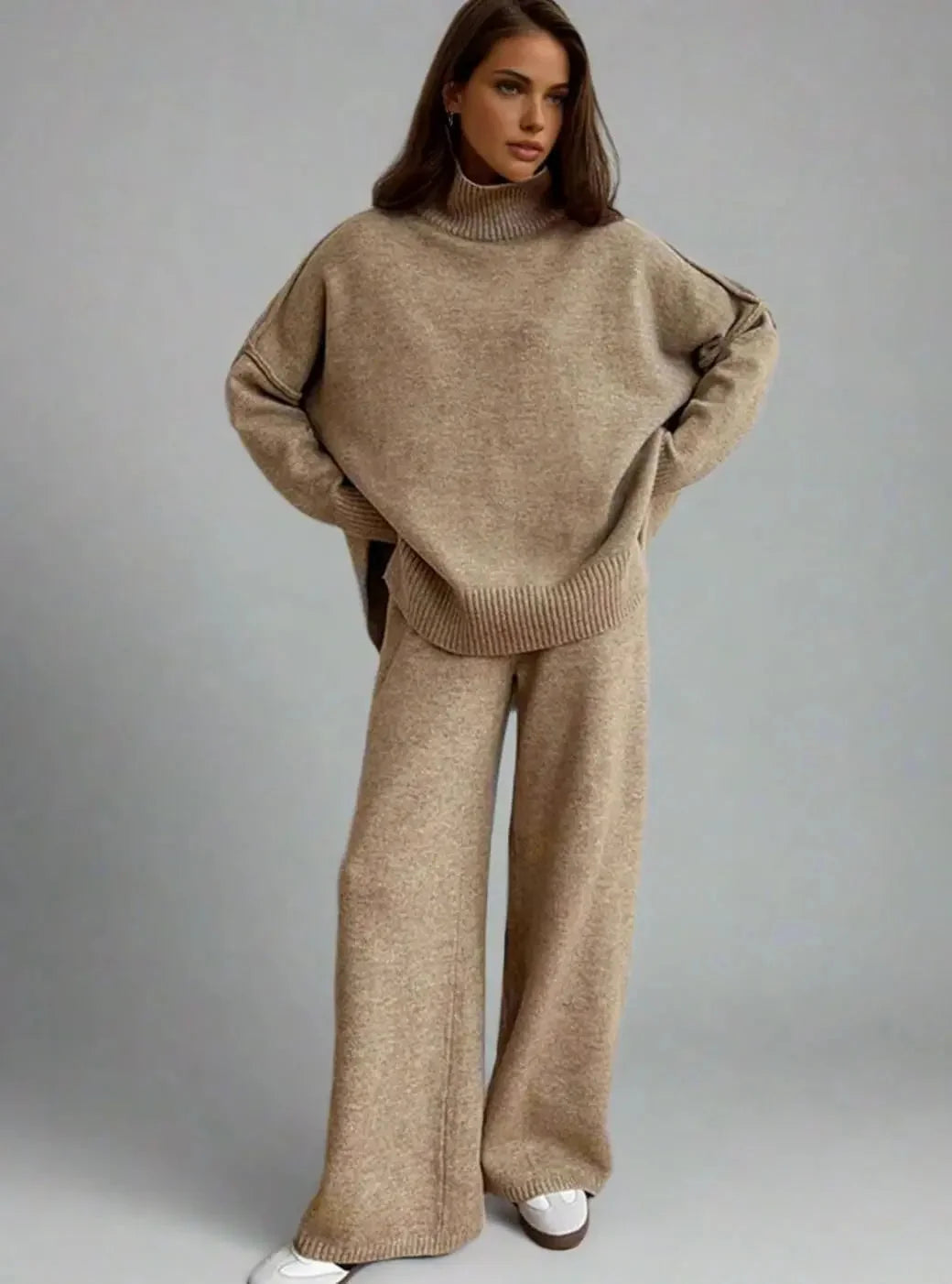 Pants Set – Beige High Neck Knit Sweater Set Wide Leg Pants