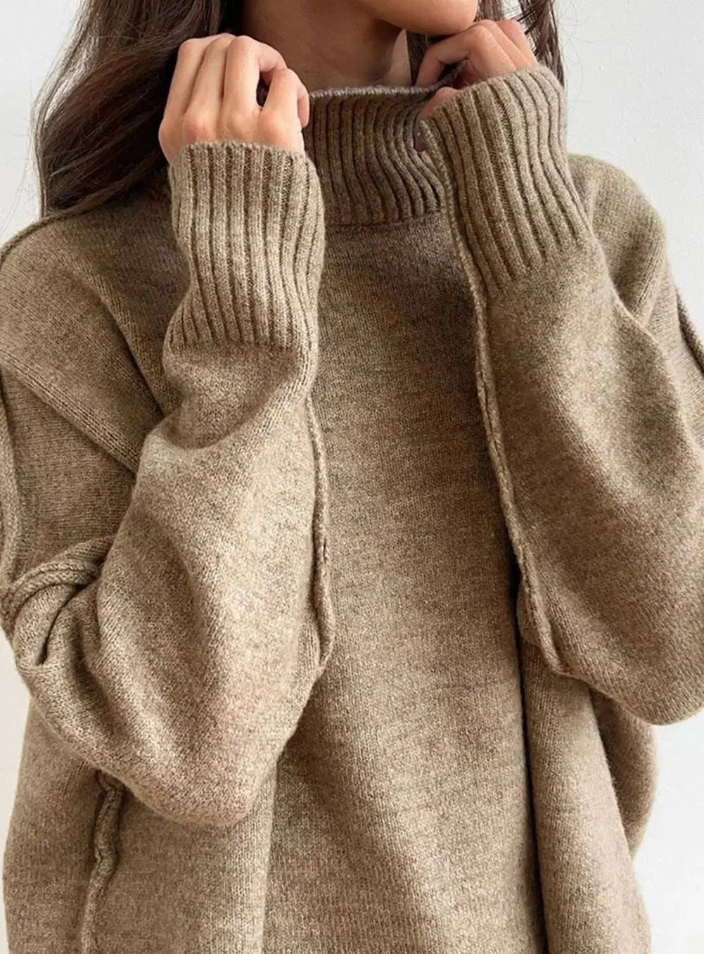 Pants Set – Beige High Neck Knit Sweater Set Wide Leg Pants