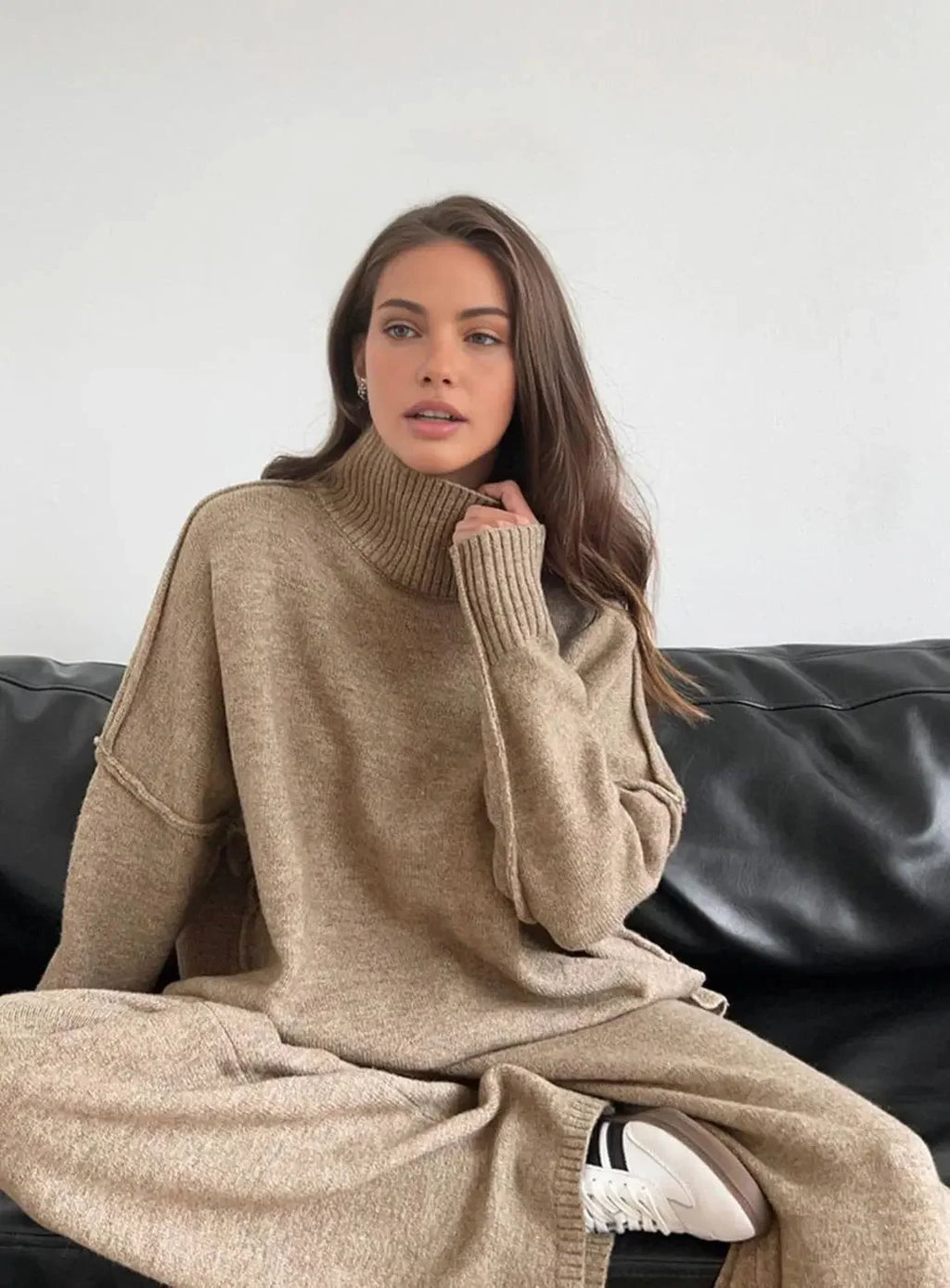 Pants Set – Beige High Neck Knit Sweater Set Wide Leg Pants