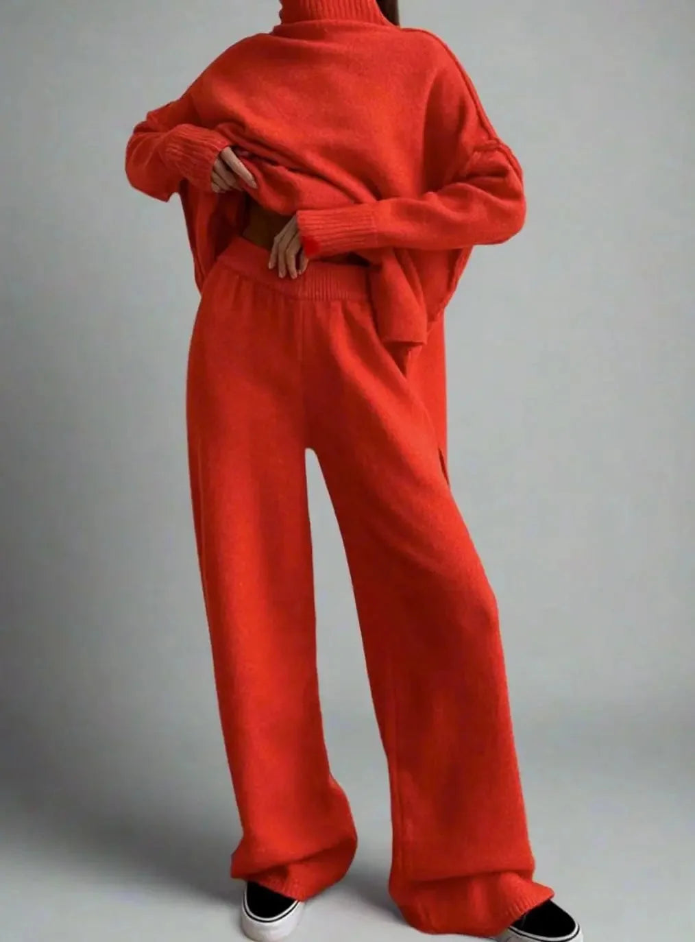 Pants Set – Beige High Neck Knit Sweater Set Wide Leg Pants