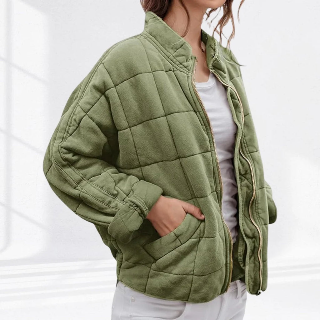 Quilted Bomber Jacket – Green Oversized Padded Zip-Up