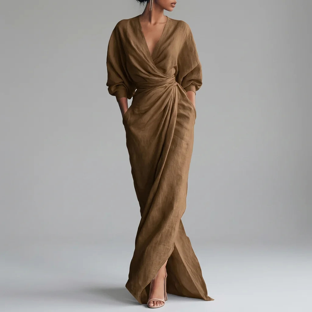 Ruched Wrap Front Long Sleeve Maxi Dress