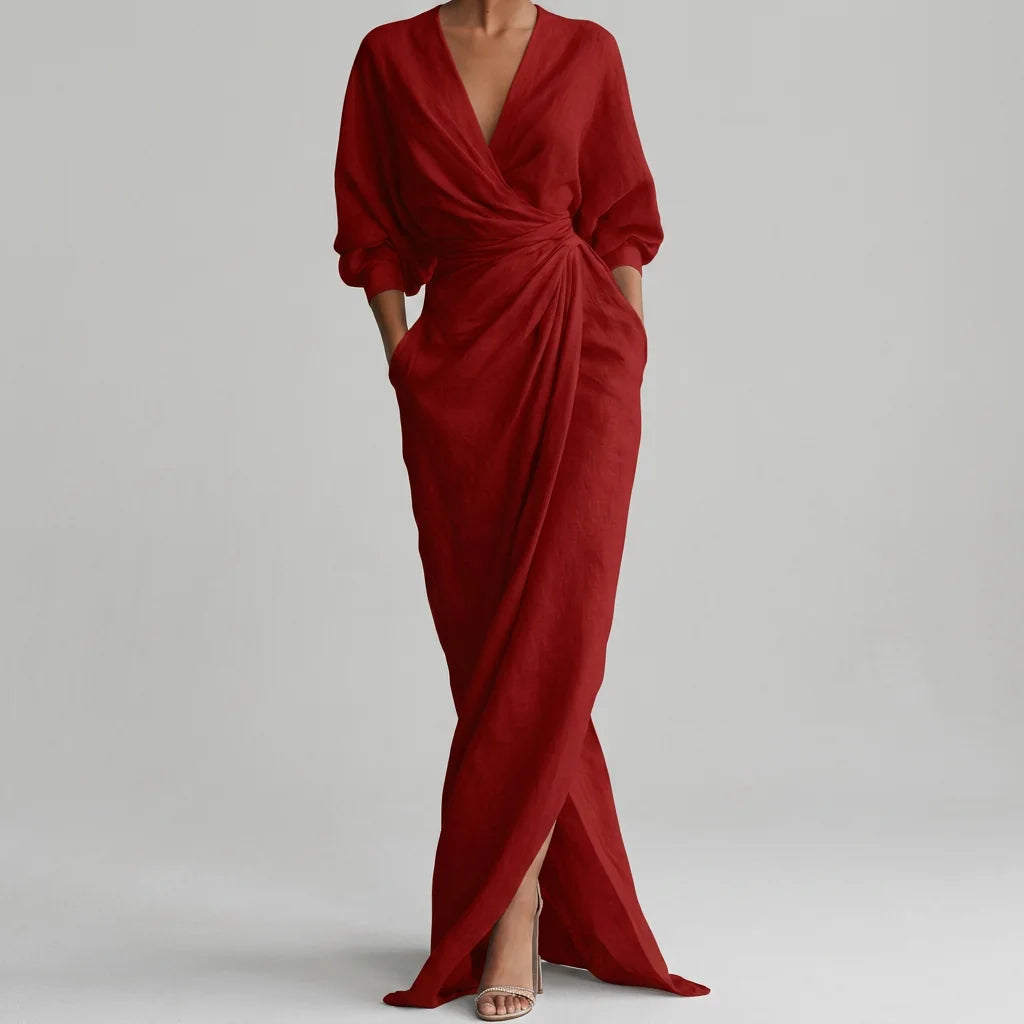 Ruched Wrap Front Long Sleeve Maxi Dress