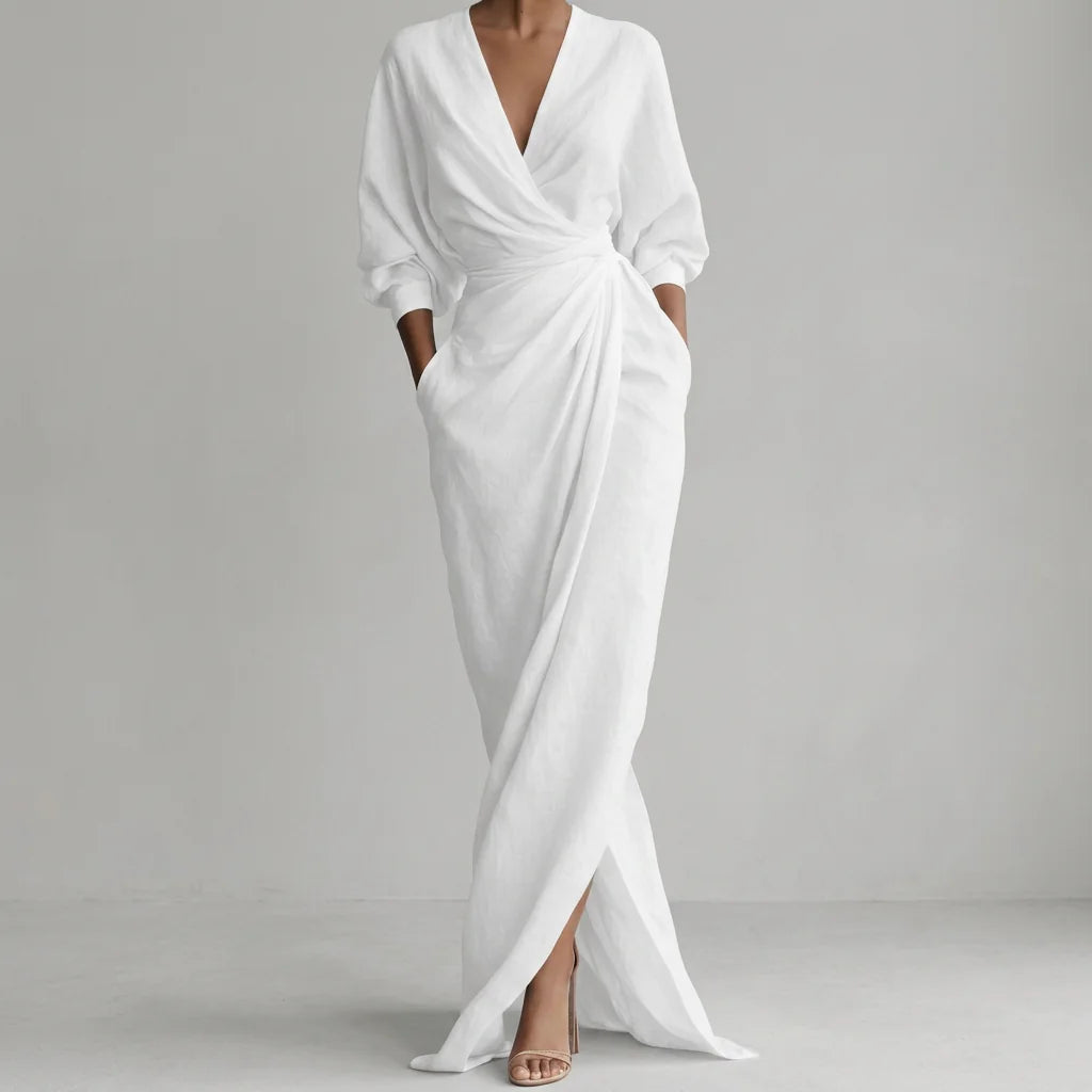 Ruched Wrap Front Long Sleeve Maxi Dress
