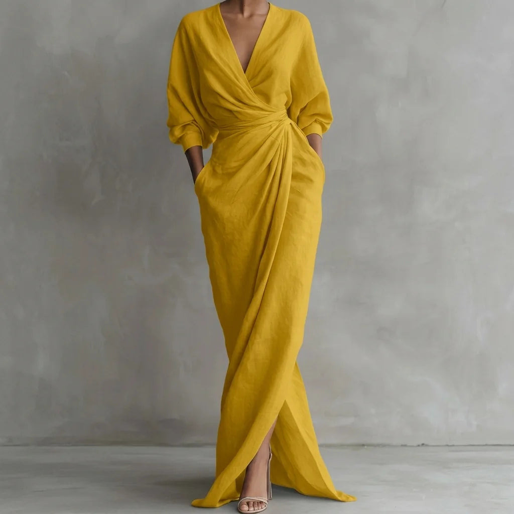 Ruched Wrap Front Long Sleeve Maxi Dress