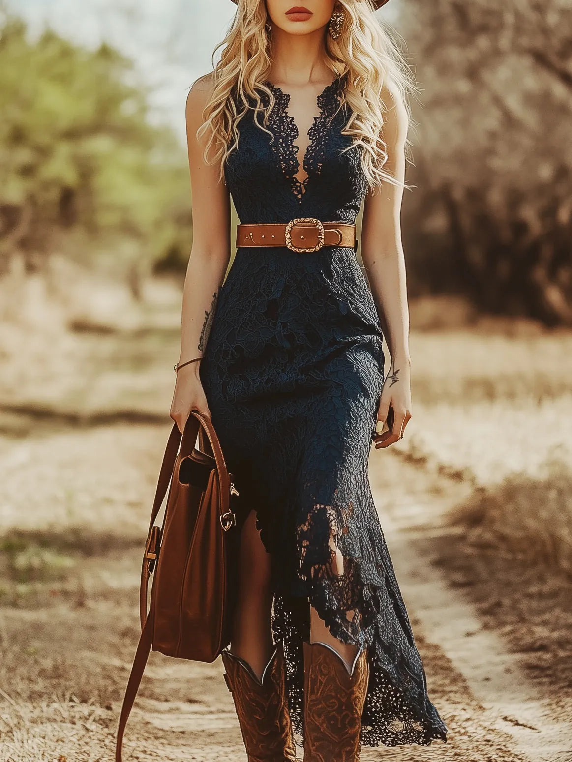 Scalloped Lace V Neck Midi Dress