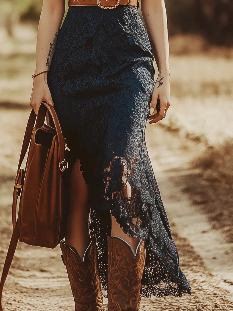 Scalloped Lace V Neck Midi Dress