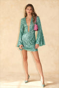 Sequin Mini Dress V Neck Long Sleeve