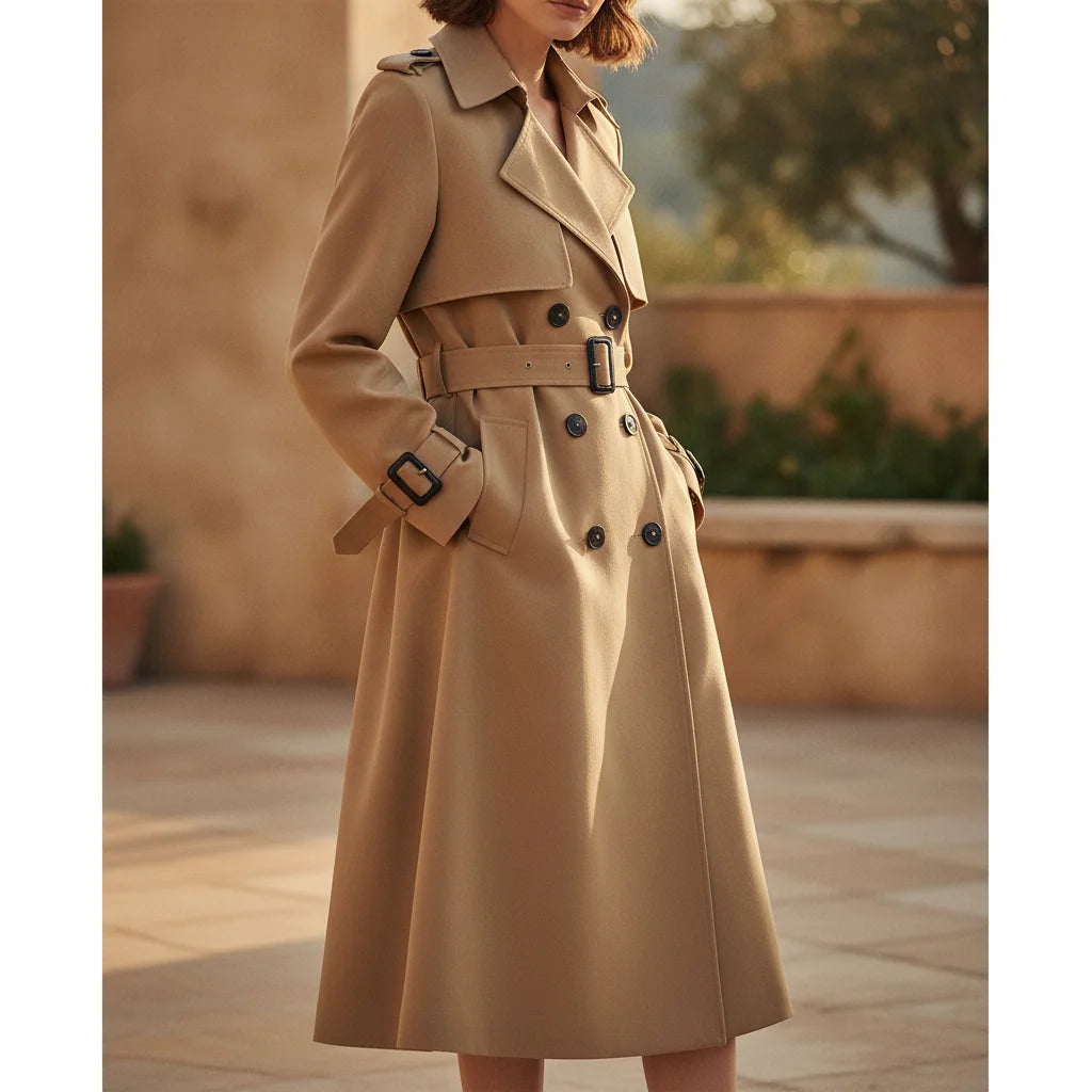 Trench Coat – Camel Double-Breasted Belted Mid-Calf