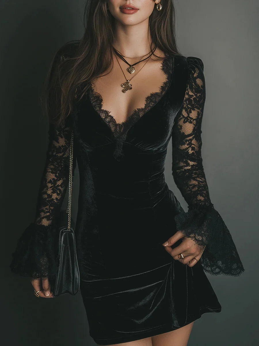 Velvet Lace Sleeve Mini Cocktail Dress