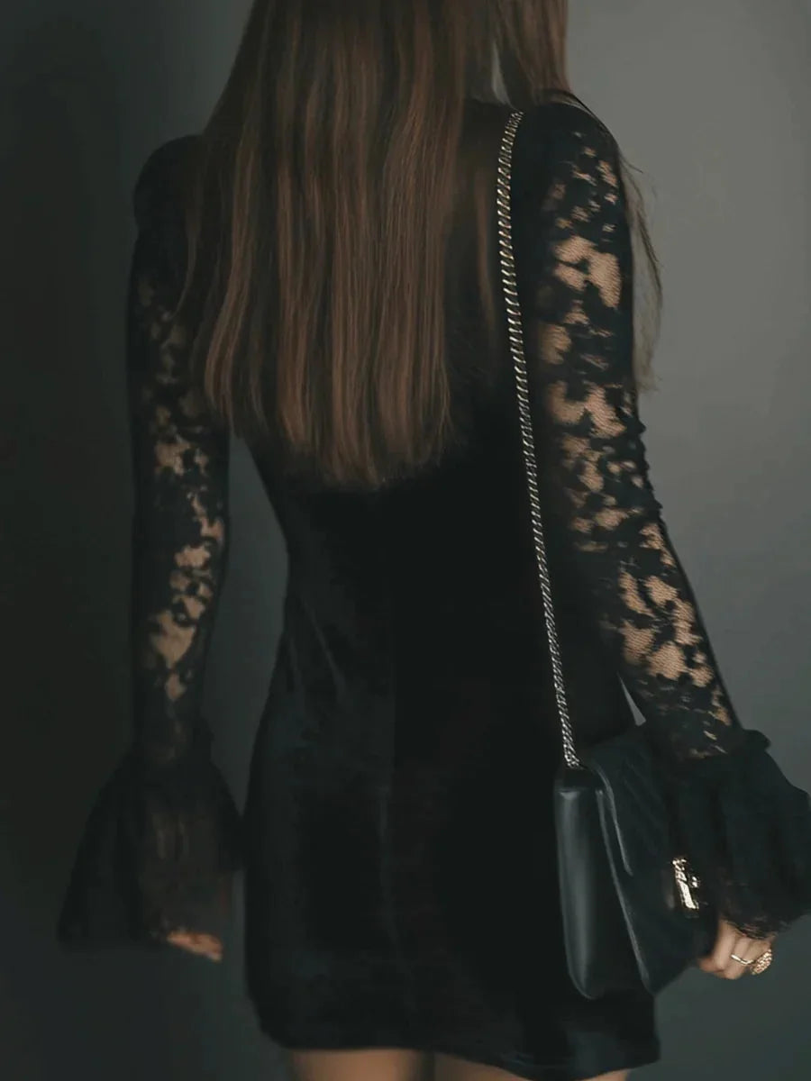 Velvet Lace Sleeve Mini Cocktail Dress