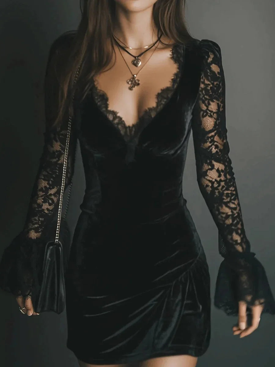 Velvet Lace Sleeve Mini Cocktail Dress