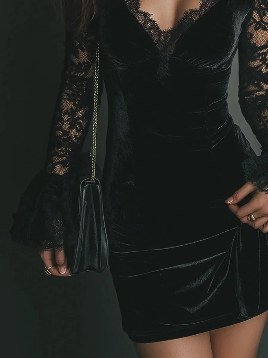Velvet Lace Sleeve Mini Cocktail Dress