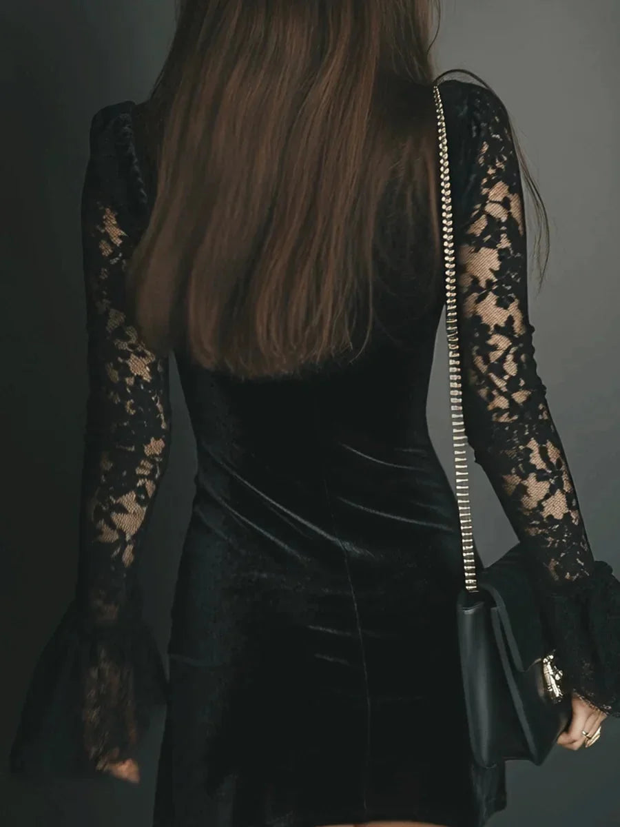 Velvet Lace Sleeve Mini Cocktail Dress