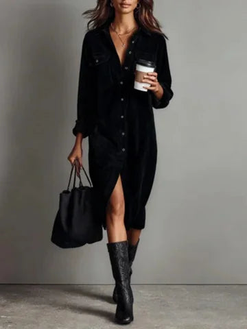 Velvet Midi Dress Button Down Shirt Style
