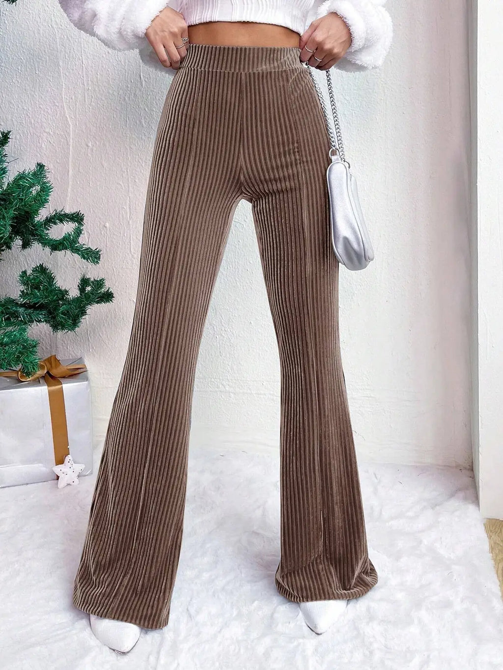 Velvet Pants Women – Brown Corduroy Flare Pants High Waisted