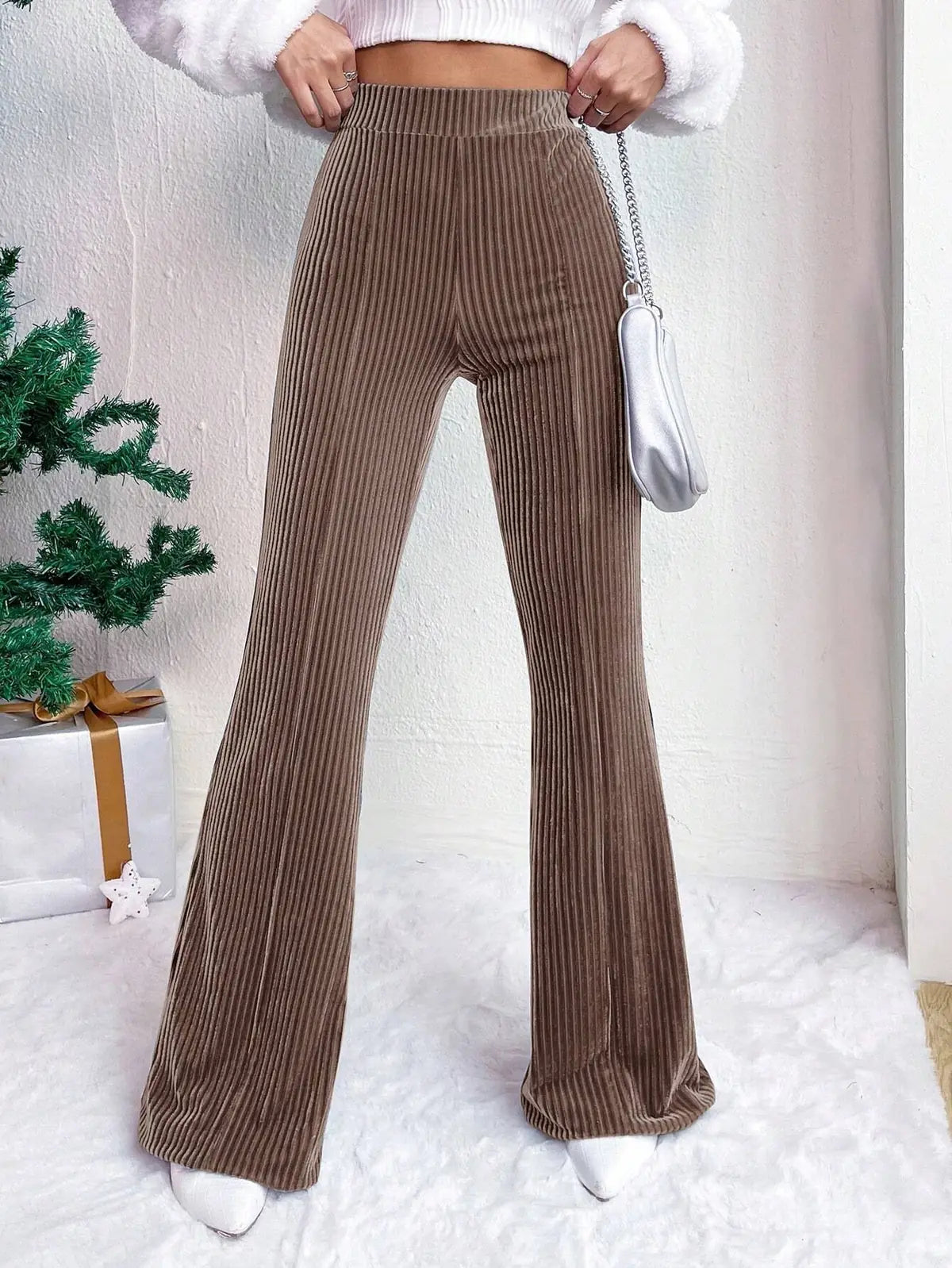 Velvet Pants Women – Brown Corduroy Flare Pants High Waisted