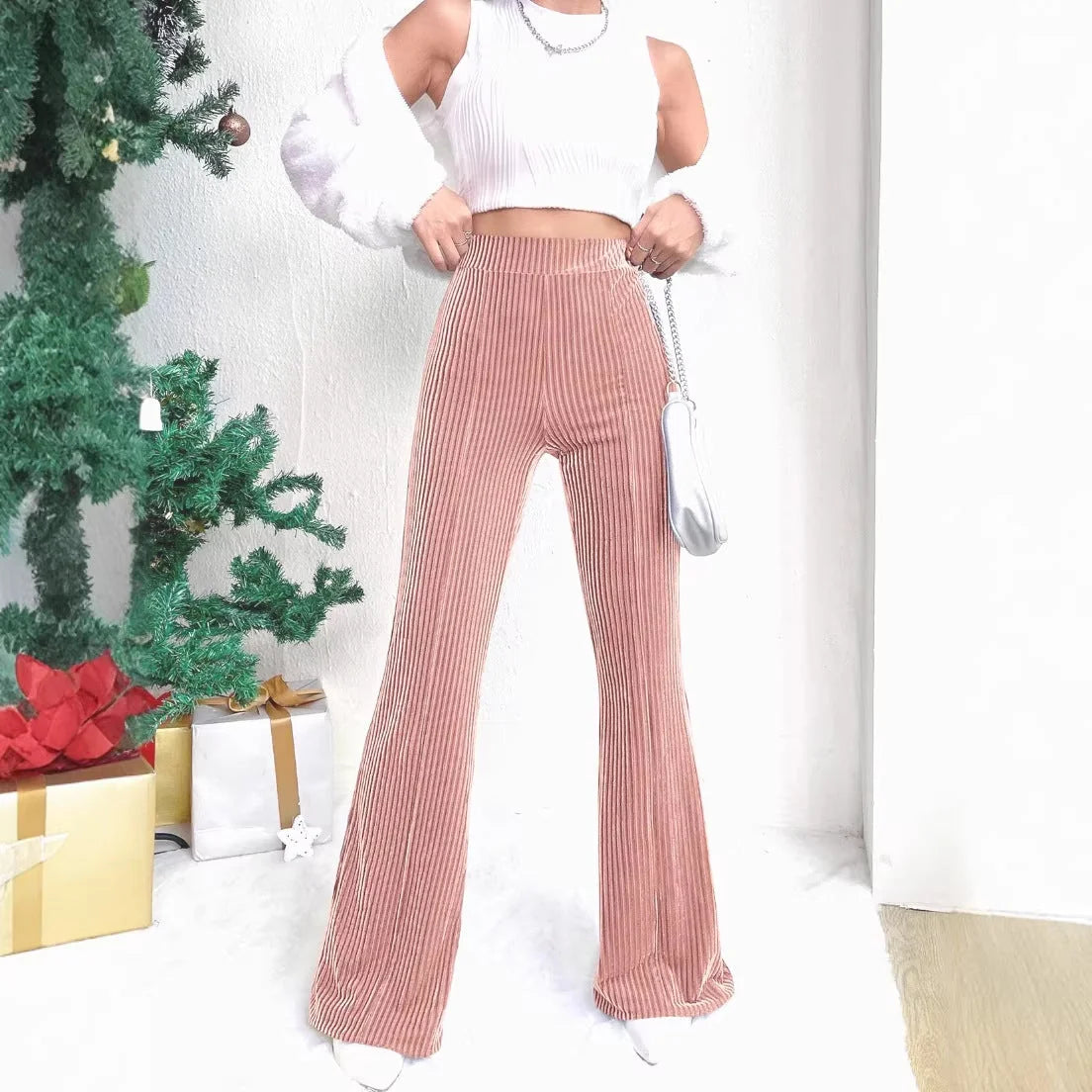 Velvet Pants Women – Brown Corduroy Flare Pants High Waisted