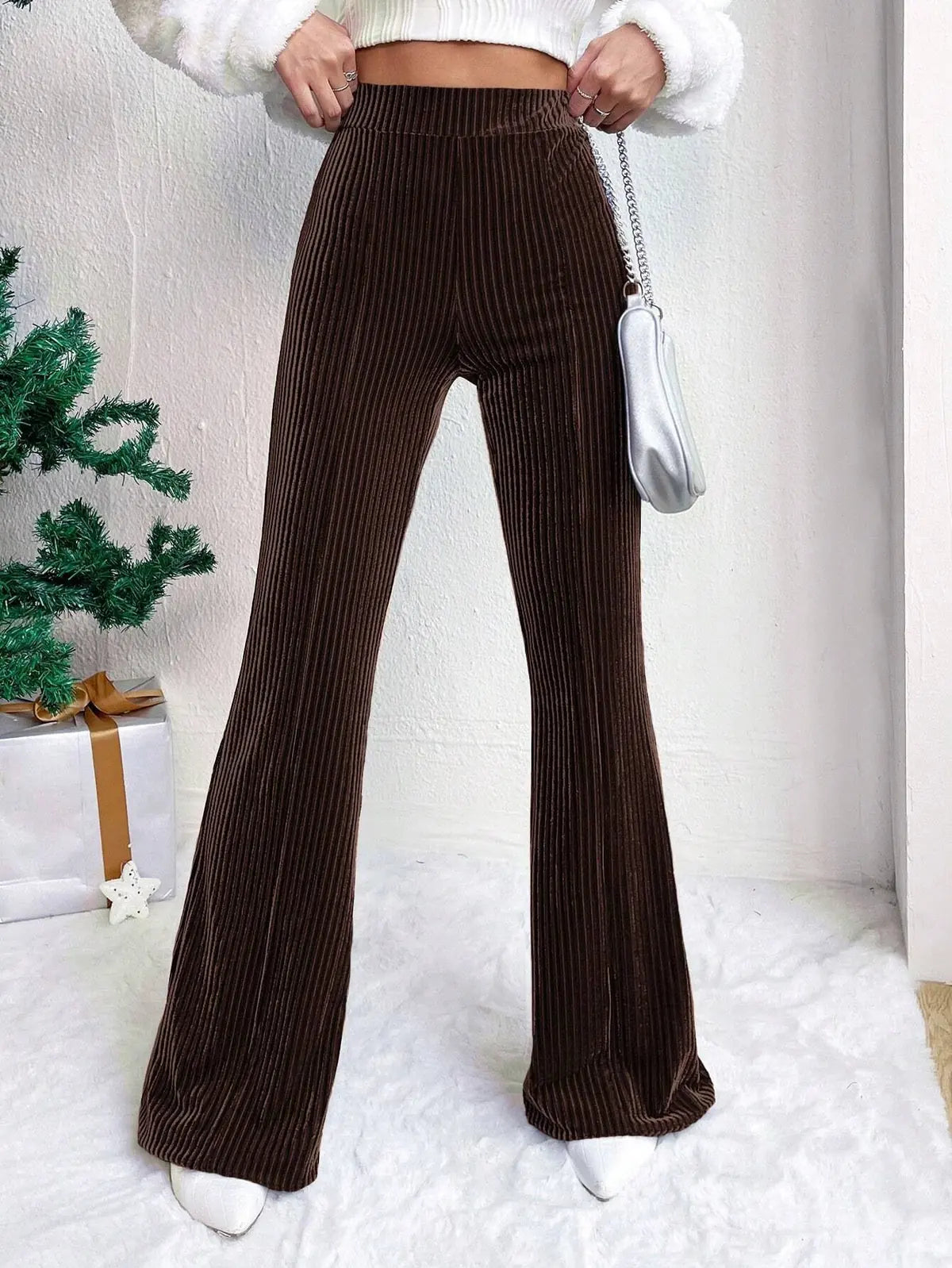 Velvet Pants Women – Brown Corduroy Flare Pants High Waisted