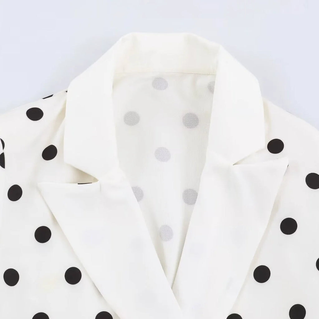 White Polka Dot Coat – Double Breasted Midi with Shawl Collar