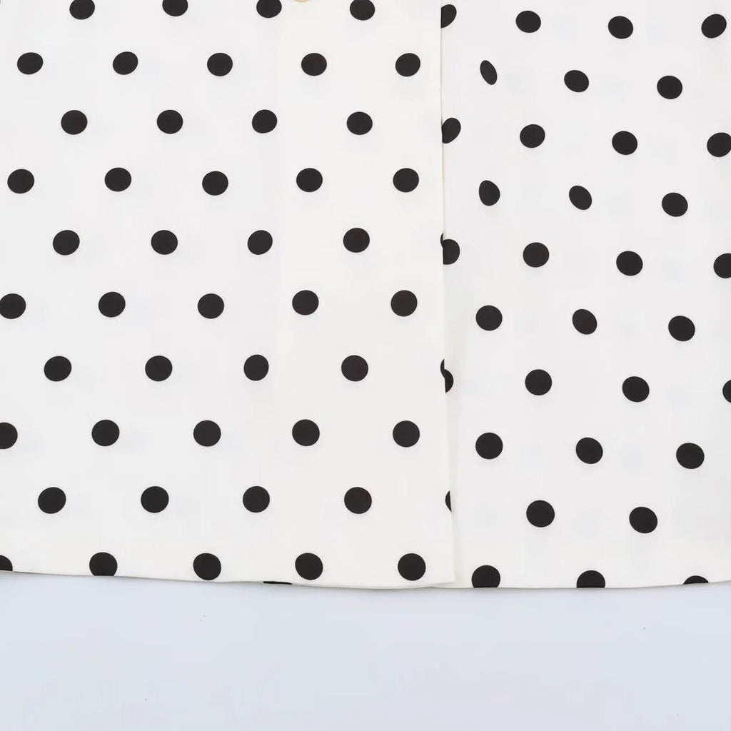 White Polka Dot Coat – Double Breasted Midi with Shawl Collar