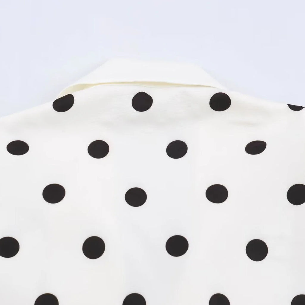 White Polka Dot Coat – Double Breasted Midi with Shawl Collar