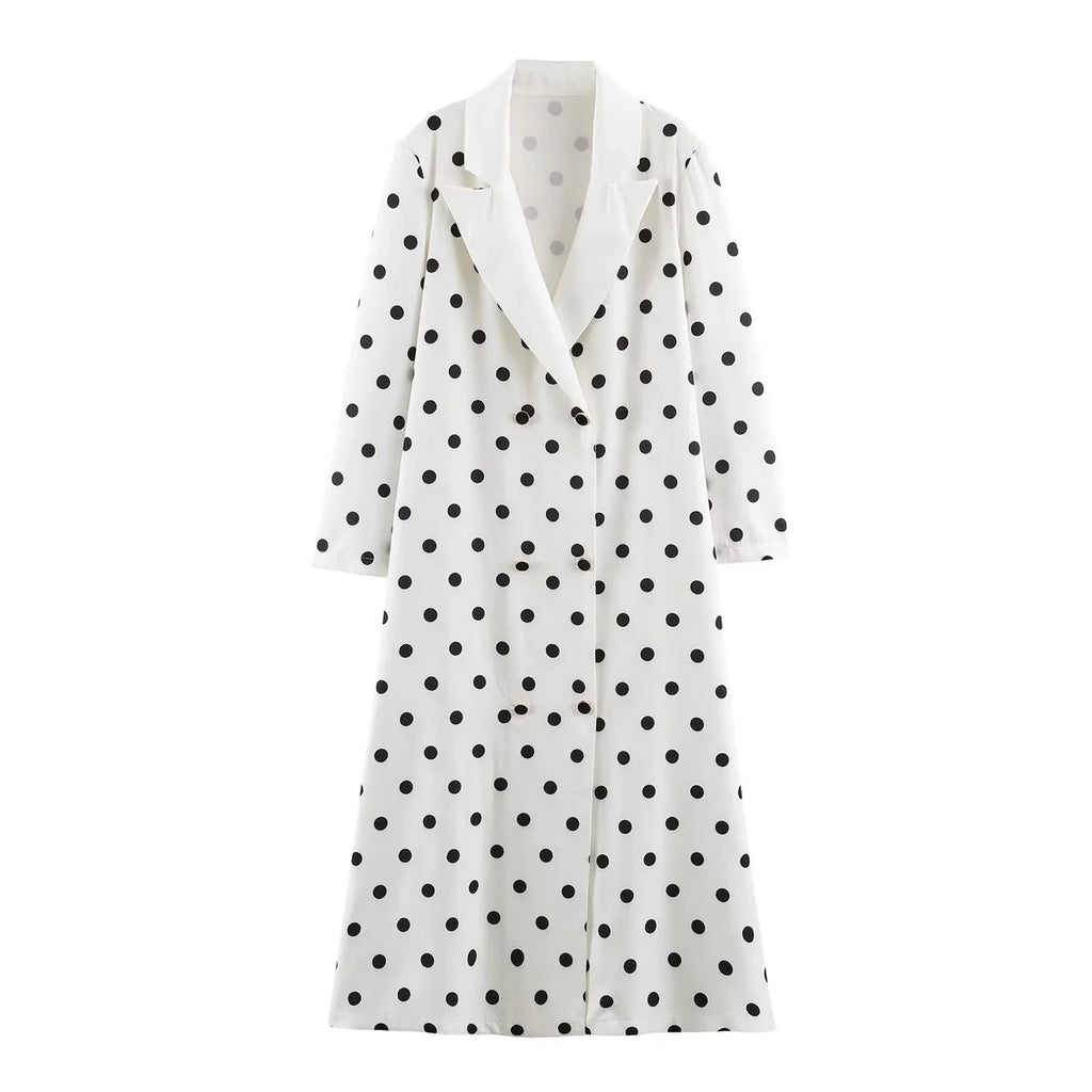 White Polka Dot Coat – Double Breasted Midi with Shawl Collar