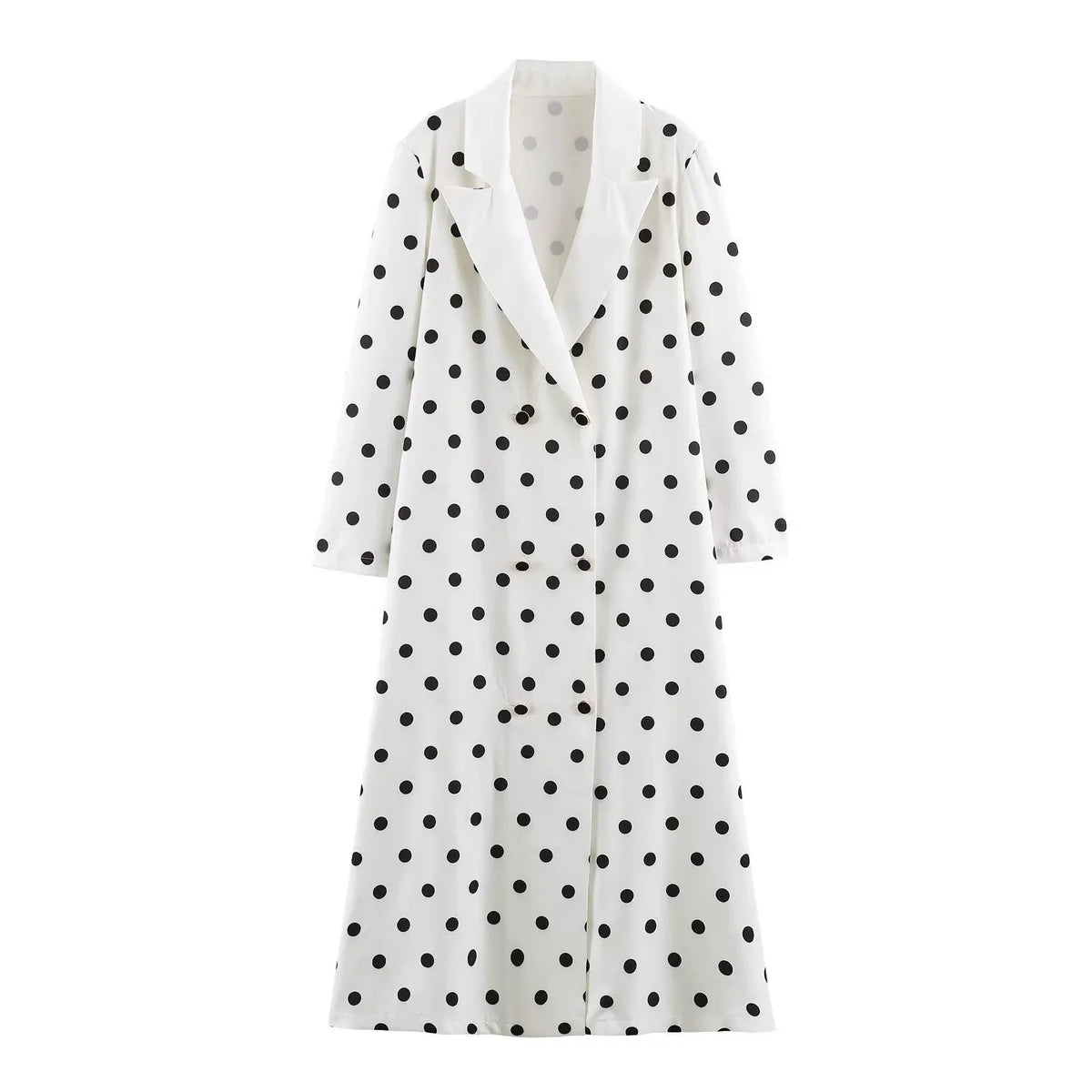White Polka Dot Coat – Double Breasted Midi with Shawl Collar