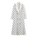 White Polka Dot Coat – Double Breasted Midi with Shawl Collar