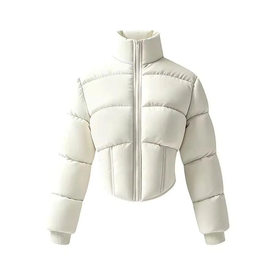 Women's Puffer Jacket – Beige Cropped Stand-Collar Full-Zip