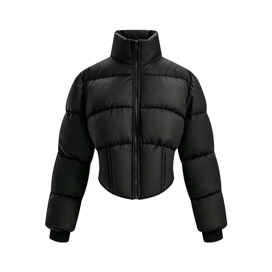 Women's Puffer Jacket – Beige Cropped Stand-Collar Full-Zip