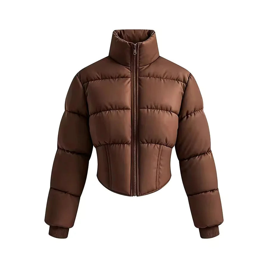 Women's Puffer Jacket – Beige Cropped Stand-Collar Full-Zip