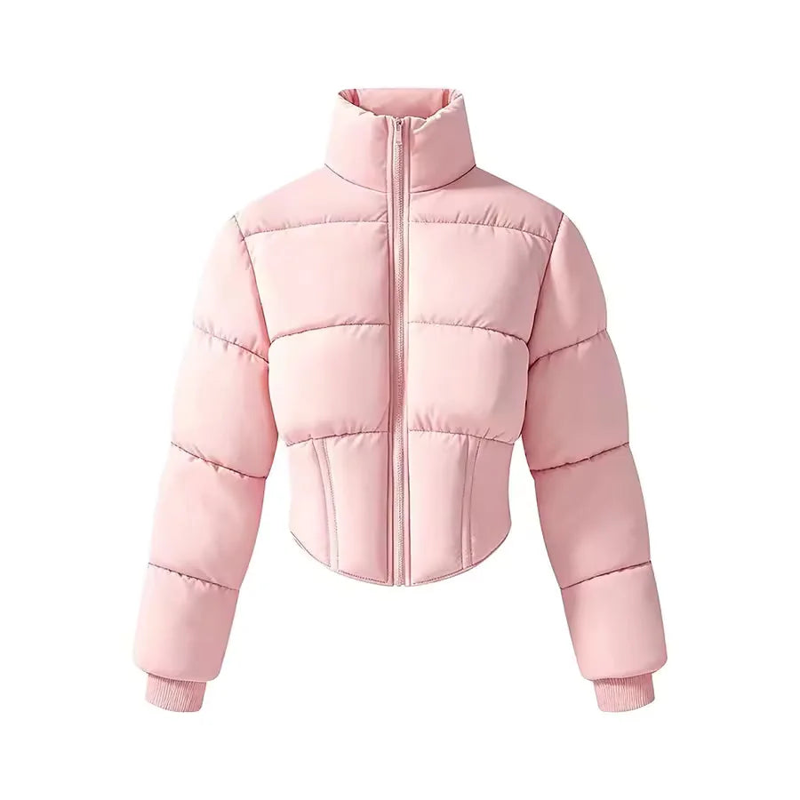 Women's Puffer Jacket – Beige Cropped Stand-Collar Full-Zip