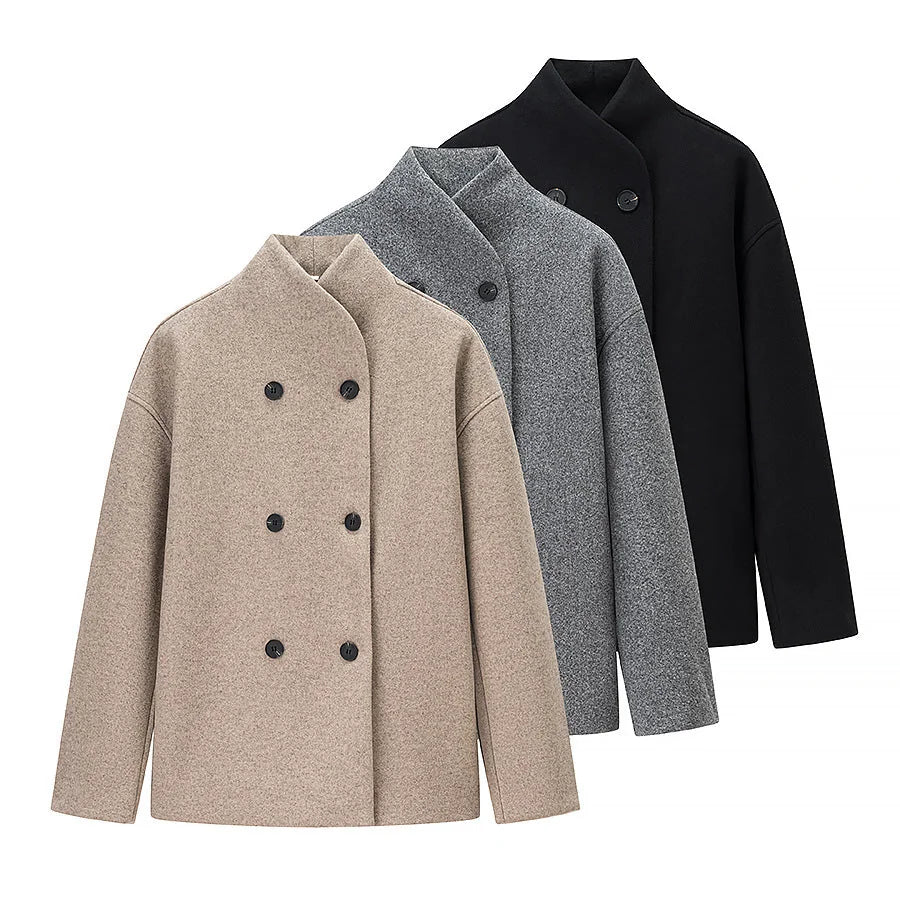 Wool Blend Coat Double Breasted Boxy