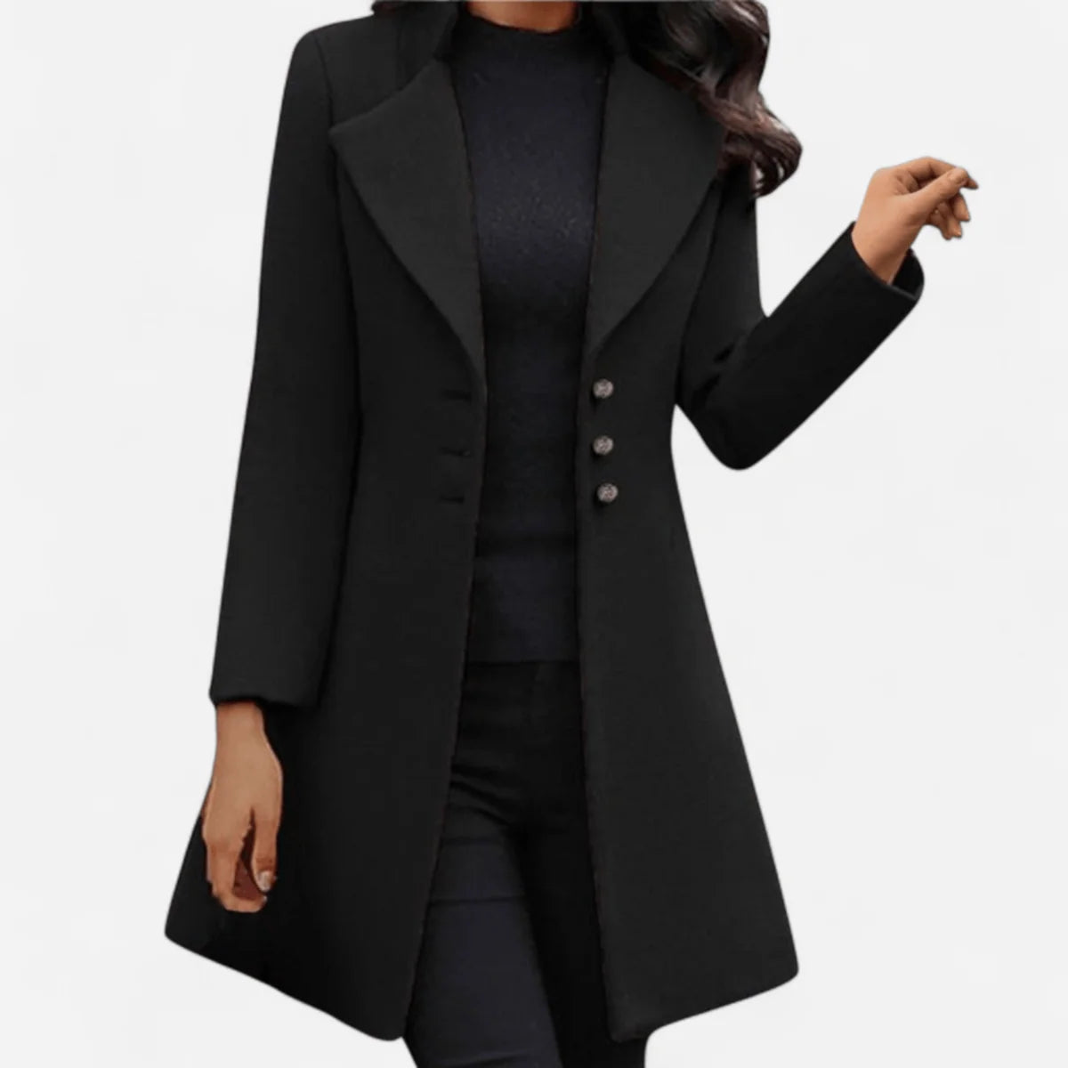 Wool Coat Women – Black Tailored Long Wool Coat with Notch Lapel