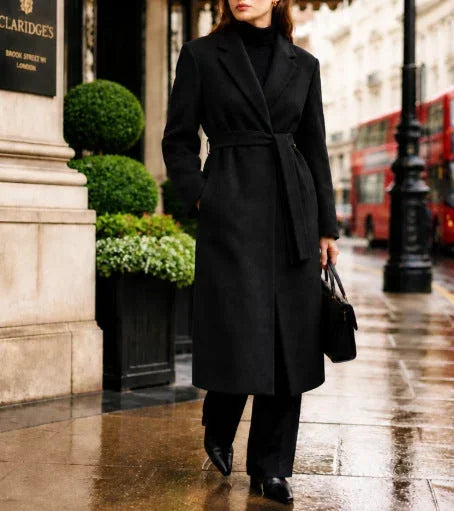 Long Wool Blend Coat - Belted Lapel Style - Product view 2