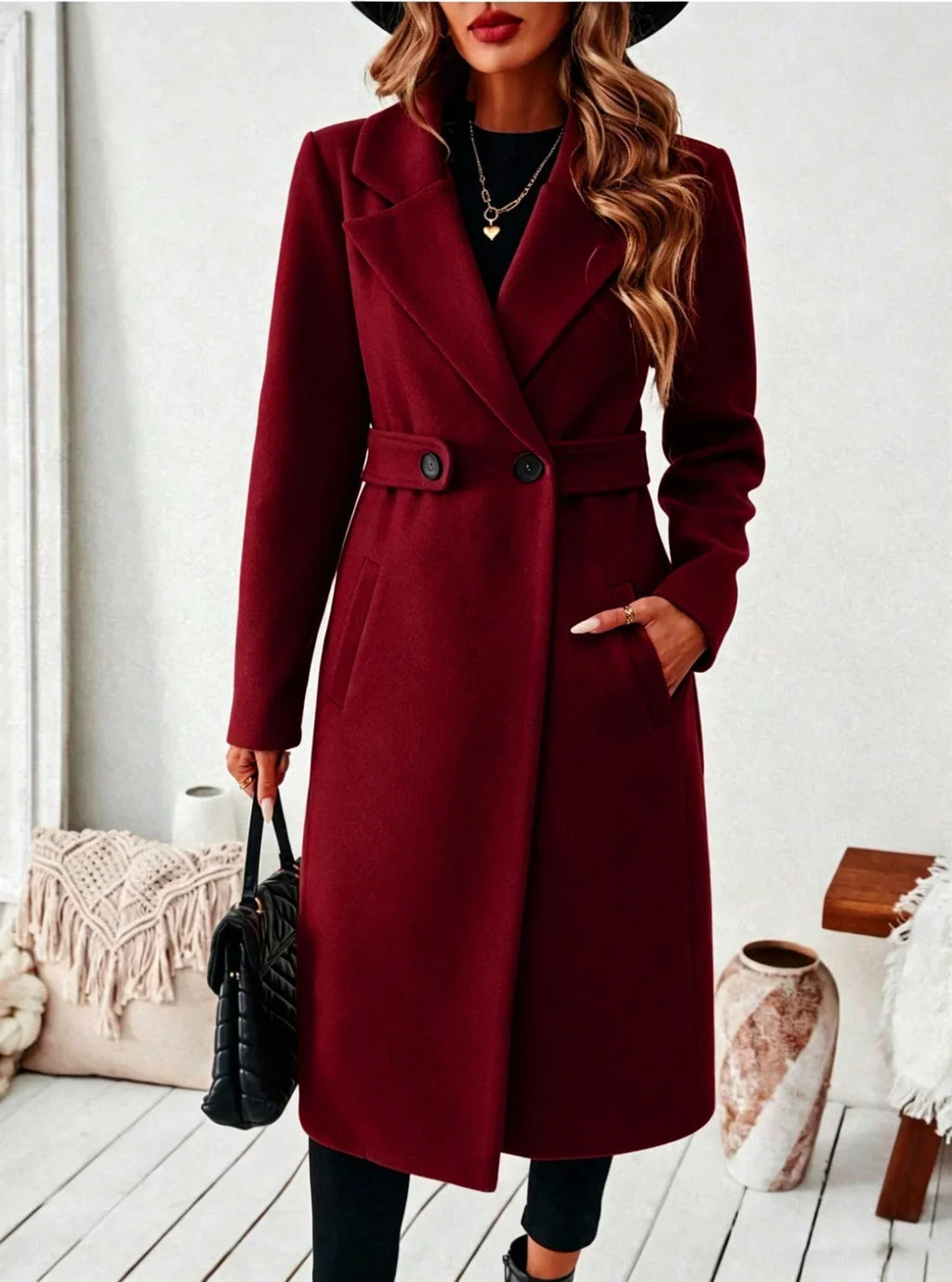 Long Wool Blend Coat - Belted Lapel Style - Product view 5