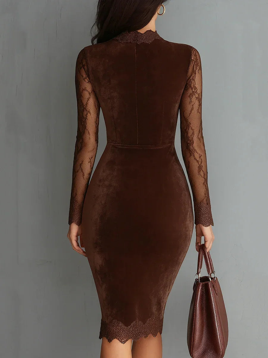 Christmas Party Dress - Brown Velvet and Lace Sleeves - Product view 2