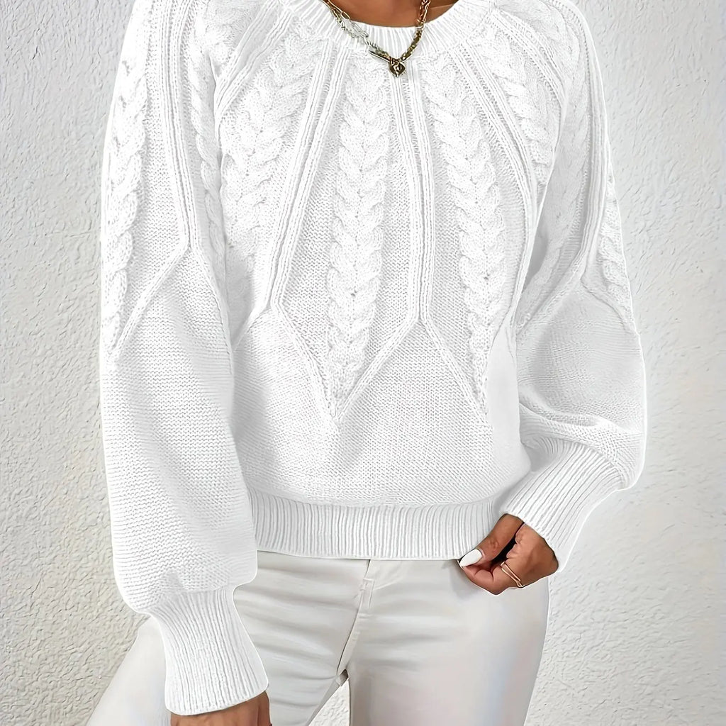 womens cable knit sweater – White