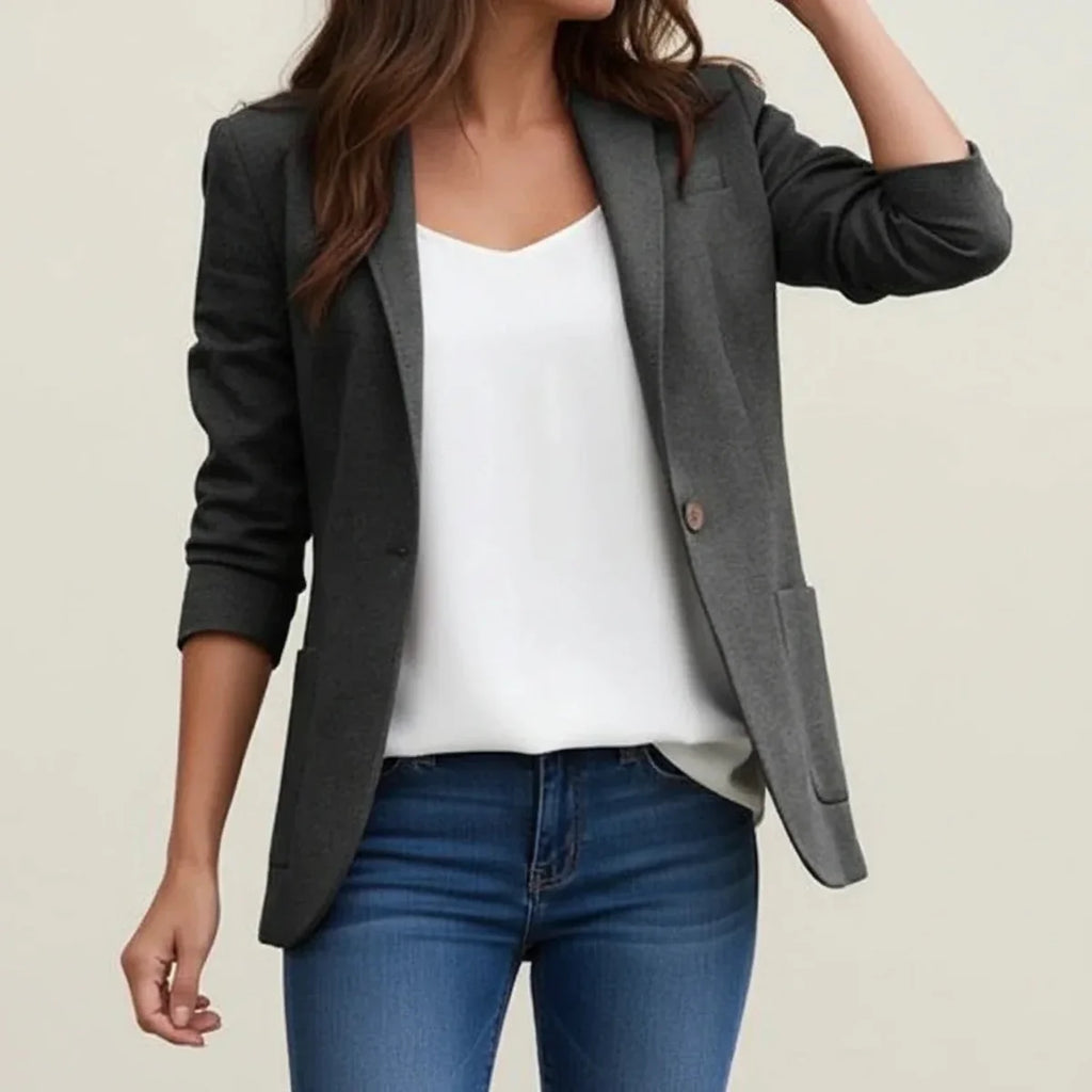 Blazer – Black Single-Button Ruched-Sleeve Slim Tailored