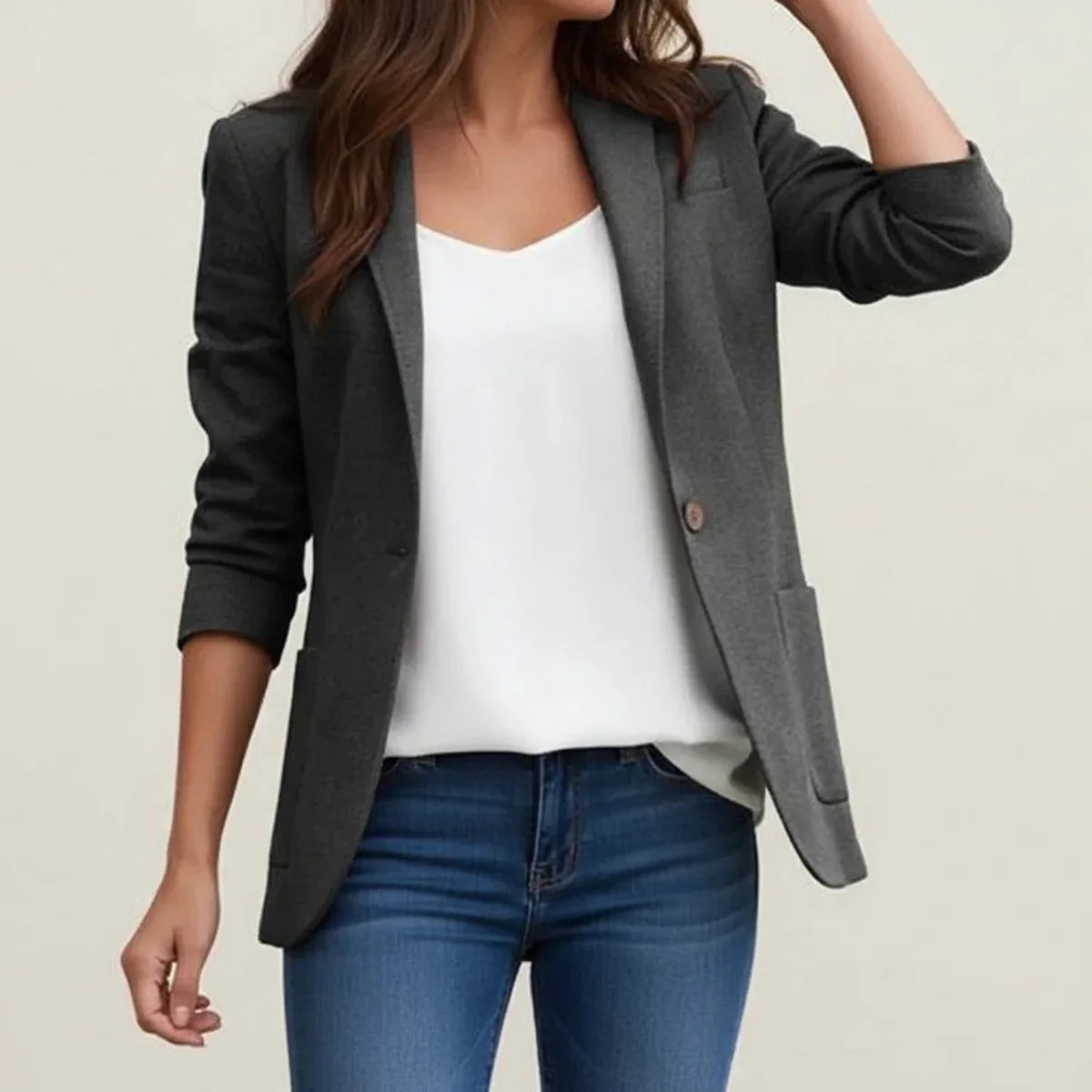 Blazer – Black Single-Button Ruched-Sleeve Slim Tailored