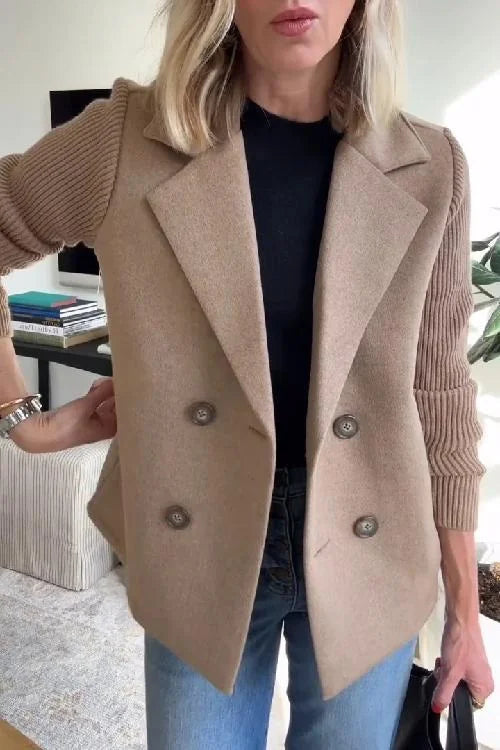 Blazer – Brown Double-Breasted with Knit Sleeves
