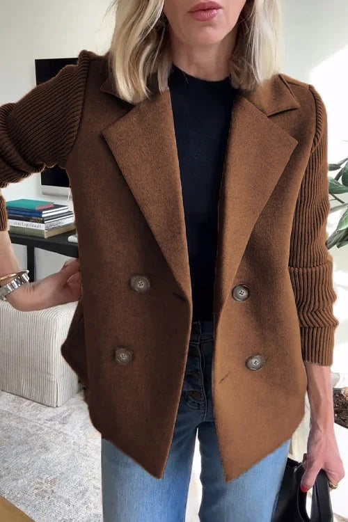 Blazer – Brown Double-Breasted with Knit Sleeves