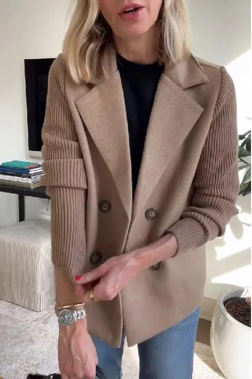 Blazer – Brown Double-Breasted with Knit Sleeves