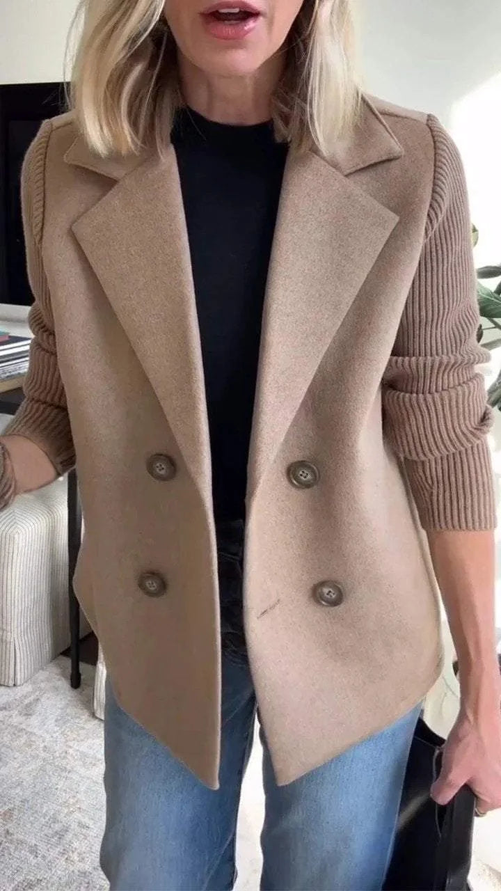Blazer – Brown Double-Breasted with Knit Sleeves