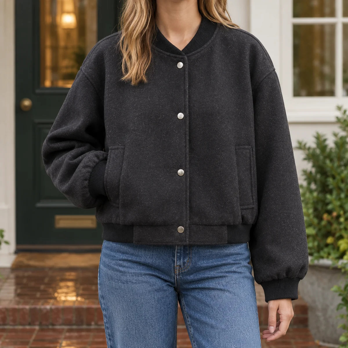 Bomber Jacket – Black Snap Front Relaxed