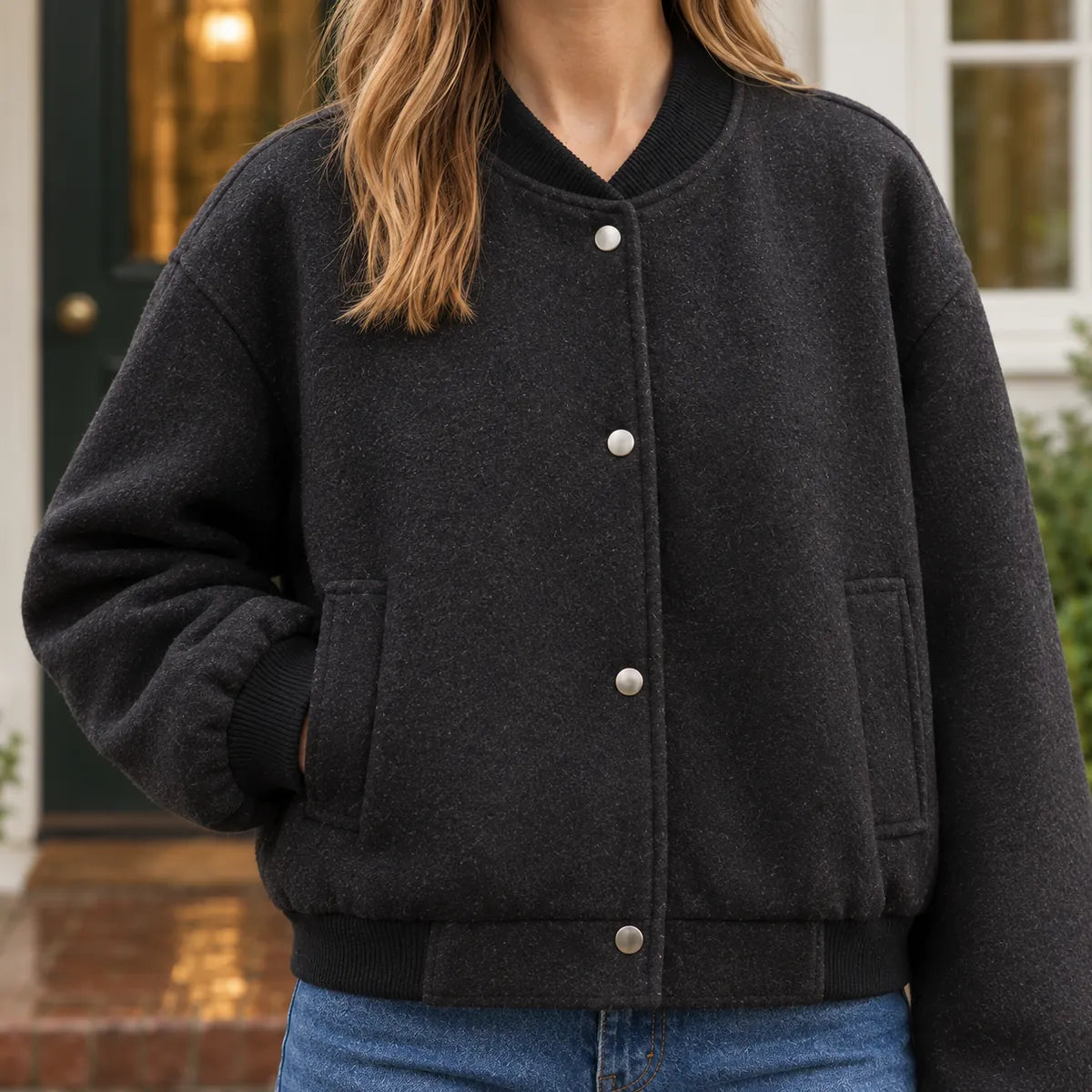 Bomber Jacket – Black Snap Front Relaxed