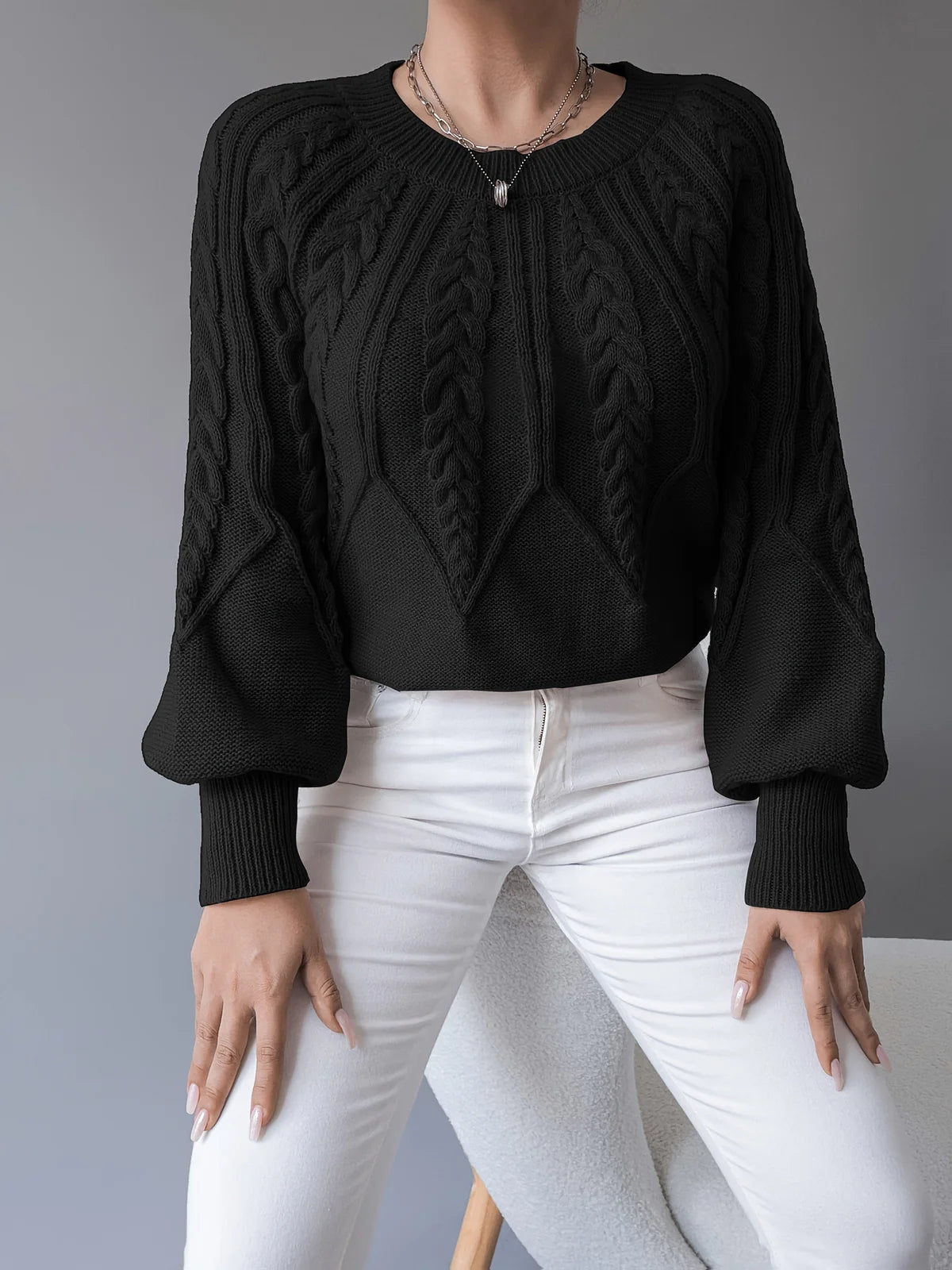 Cable Knit Sweater – Khaki Balloon Sleeve Knit Jumper