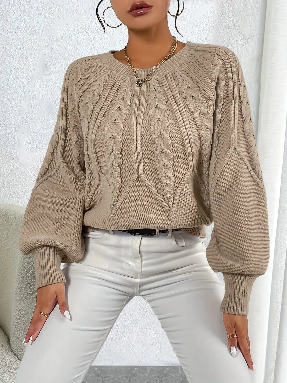 Cable Knit Sweater – Khaki Balloon Sleeve Knit Jumper