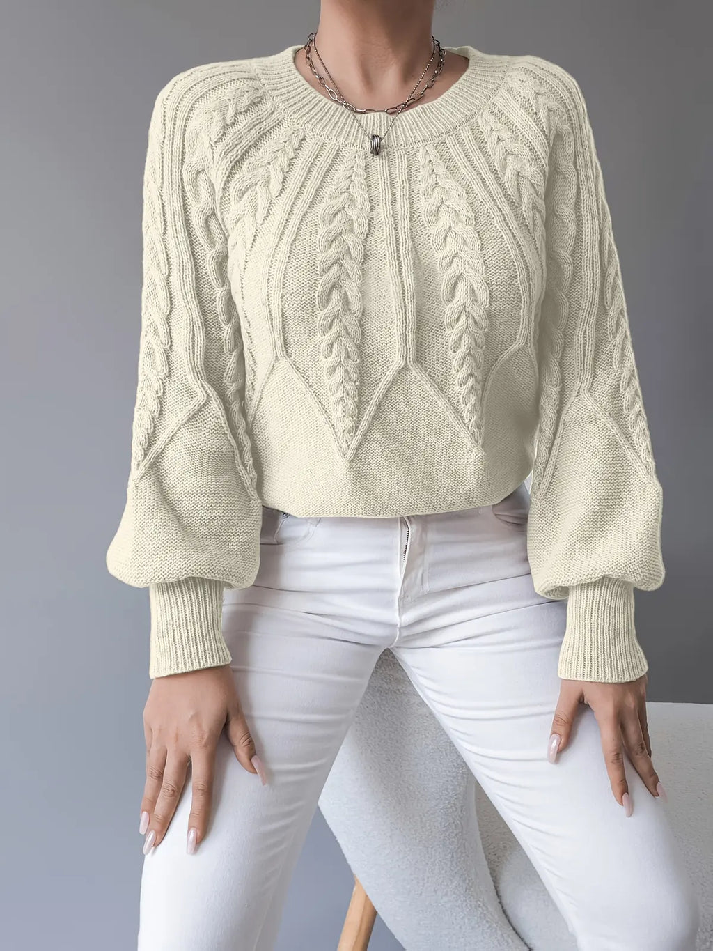 Cable Knit Sweater – Khaki Balloon Sleeve Knit Jumper